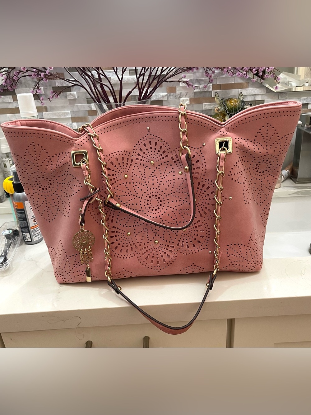 Jessica Simpson Rose Pink Perforated Tote with Gold Chain Straps